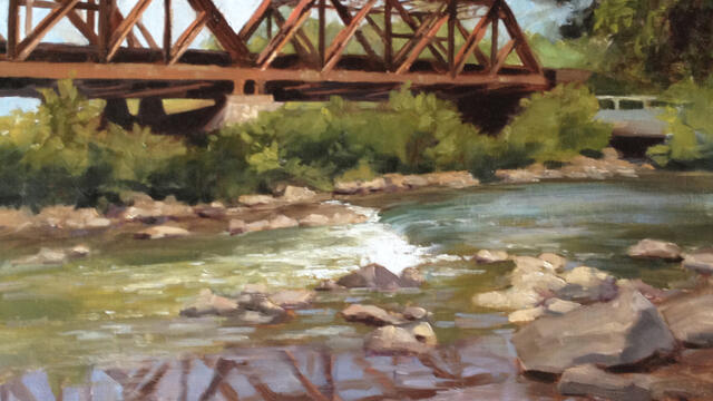 Painting of a metal bridge over a river.