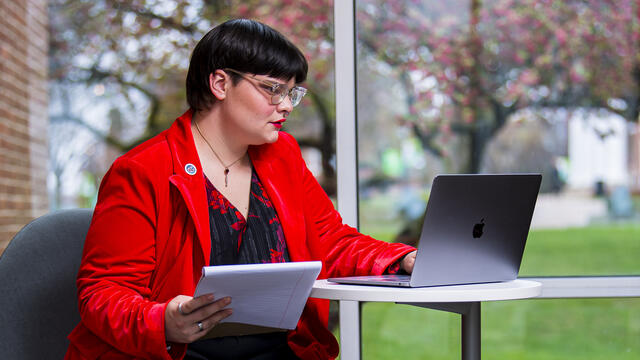 A student sits in front of a window looking at a laptop.