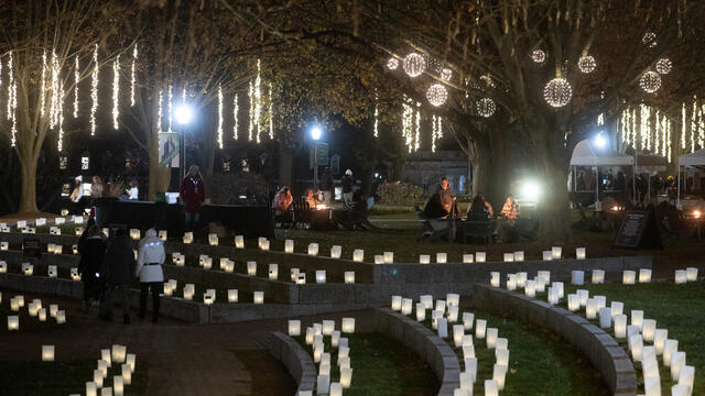 rows of luminaries line the ground with white lights hanging from trees and students roasting smores in the background
