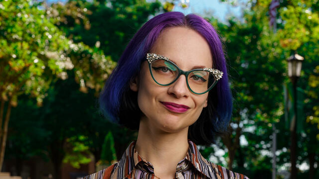 Headshot of professor Virginia Berndt outside.