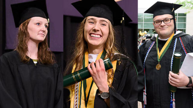 Composite photo of three top award winners at McDaniel College Commencement, Hannah Nichole Cook, Rebecca Ann Debinski and Jared Michael Wilmer