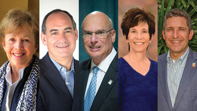 McDaniel College's new trustees Anne Marlow Vose '66, David Moskowitz '80, Edward J. Kasemeyer '67, Virginia "Ginny" Ace Miller '76 and Mark Stuart M.S. '94.