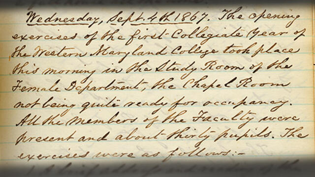 Excerpt from McDaniel College's first president James T. Ward's diary from opening day in 1867