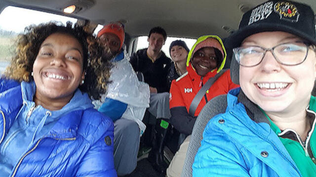 Biology professor Katie Lynn Staab driving to a field trip with students at McDaniel College