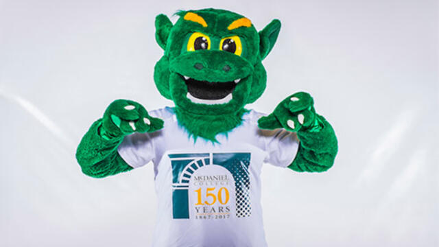 The new look of McDaniel College's mascot, the Green Terror.