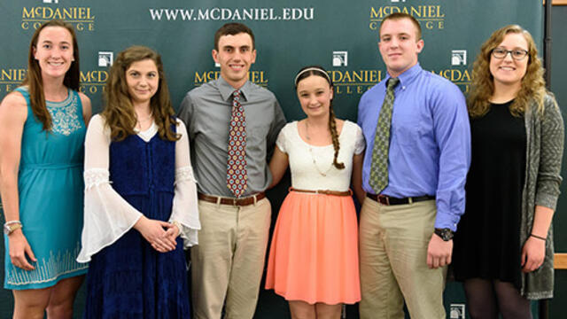 Omicron Delta Kappa Class of 2018, left to right, Kristen Upton, Savannah Dawson, William Giles, Hanna Murchake, Matthew Meagher, Tabitha Schade. (Not pictured are Christina DeJoseph and Camden Ostrander)