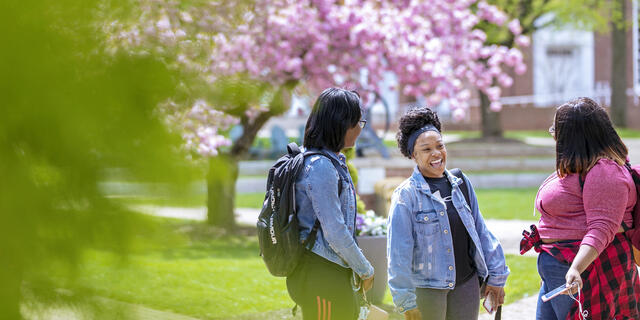 Three students in conversation on campus in Spring.