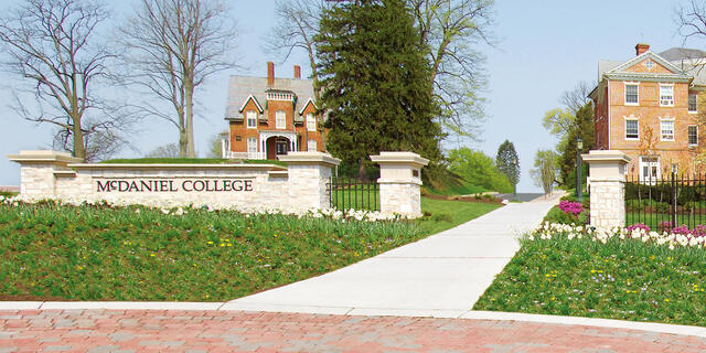 McDaniel College entrance sign in Spring.