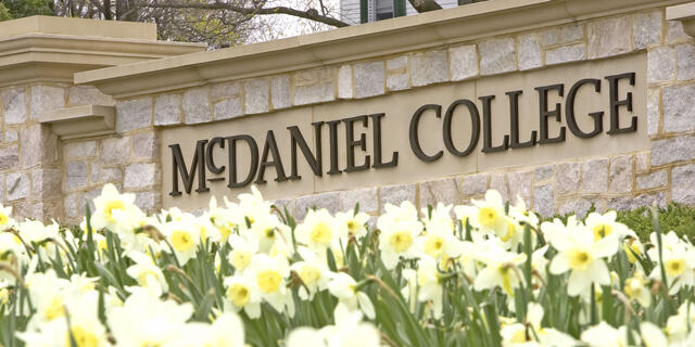 McDaniel College entrance sign in Spring.