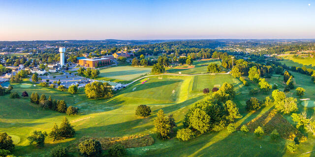 Aerial view of McDaniel College campus athletic fields.