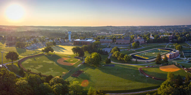 Aerial view of McDaniel College campus athletic fields.