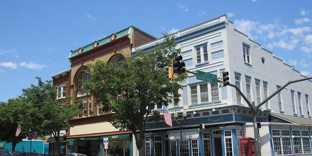 Storefronts in downtown Westminster, Maryland.