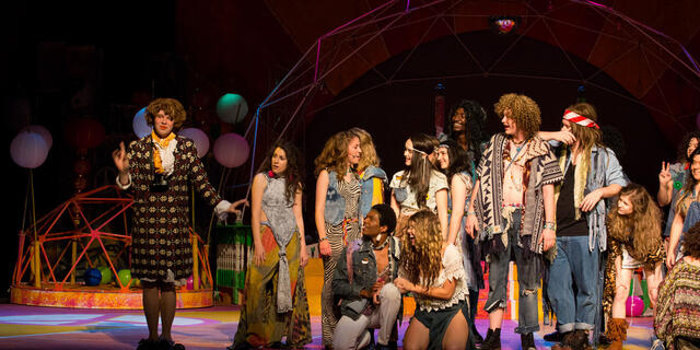 Theatre Arts students in performance of Hair, the Musical. 