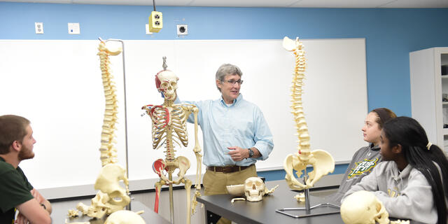 A professor teaches anatomy with a model of a spine.
