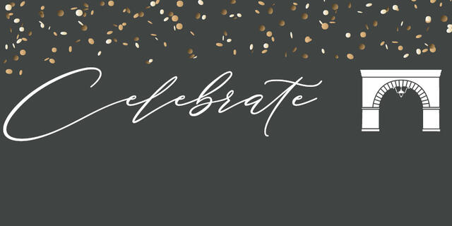 Website Graphic with confetti and McDaniel Arch, Celebrate
