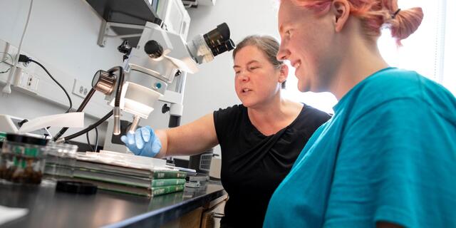 A student looks into a microscope while seated next to a professor. 