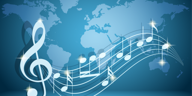world map graphic with music notes overlaid