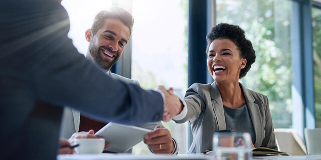 A woman shakes hands with a man in a professional meeting as sun shines through the window behind them.